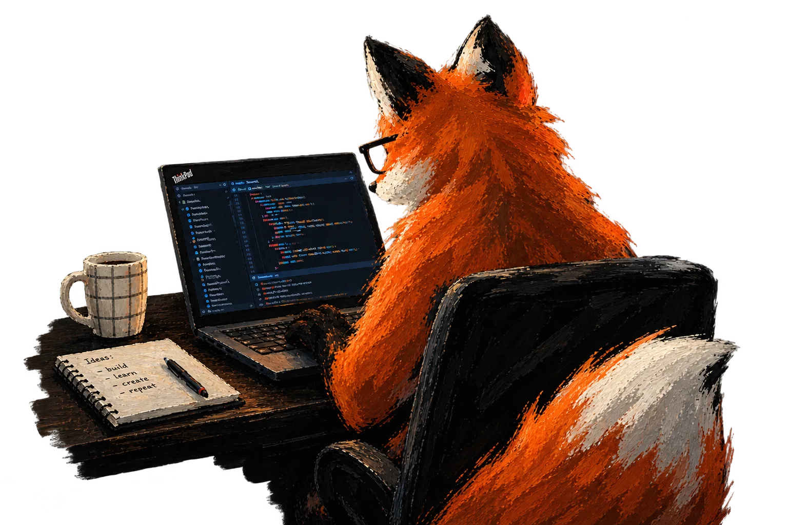 Painted fox coding at a desk, lit by a laptop screen